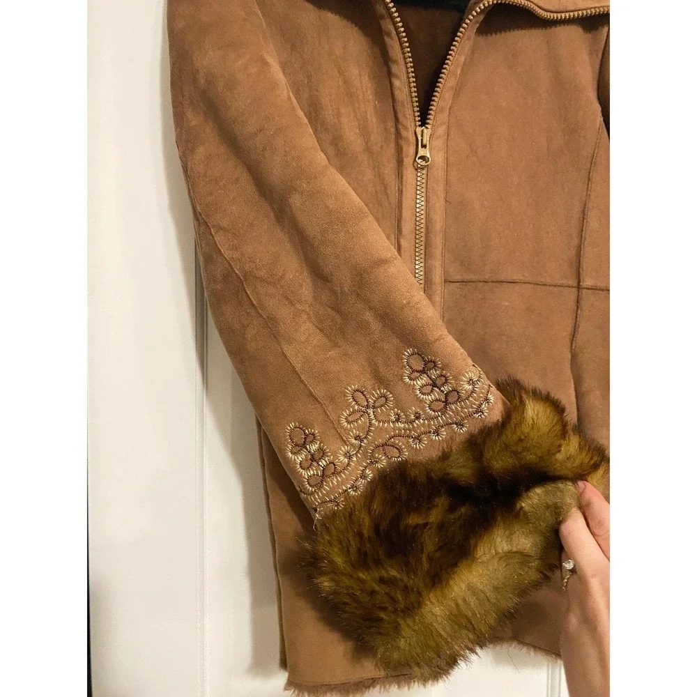 Vintage Penny Lane Suede Fur Trim Brown Coat Medium Boho Y2K 1990's Winter Cabin